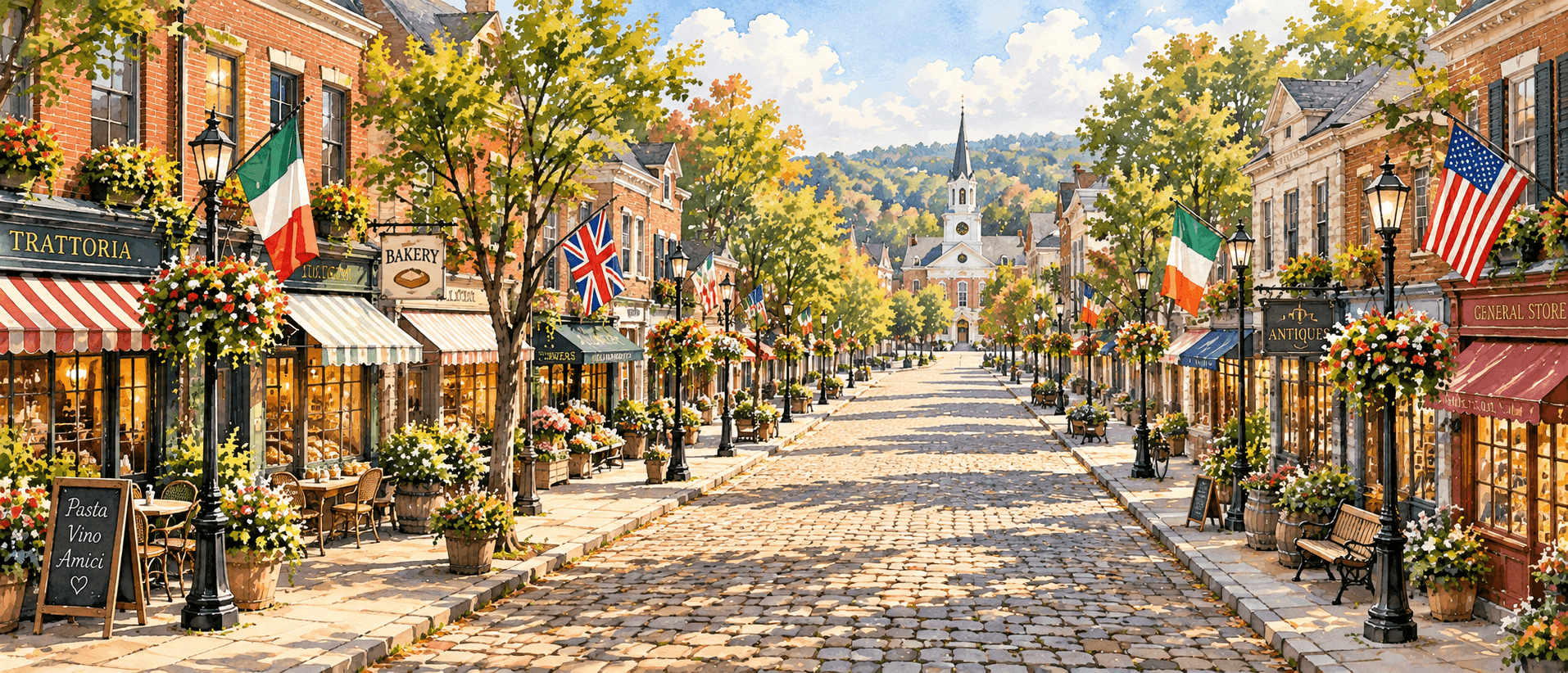 A painted cobblestone main street lined with local shops