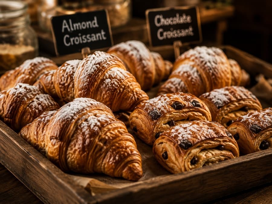 Trays of almond and chocolate croissants under chalkboard labels