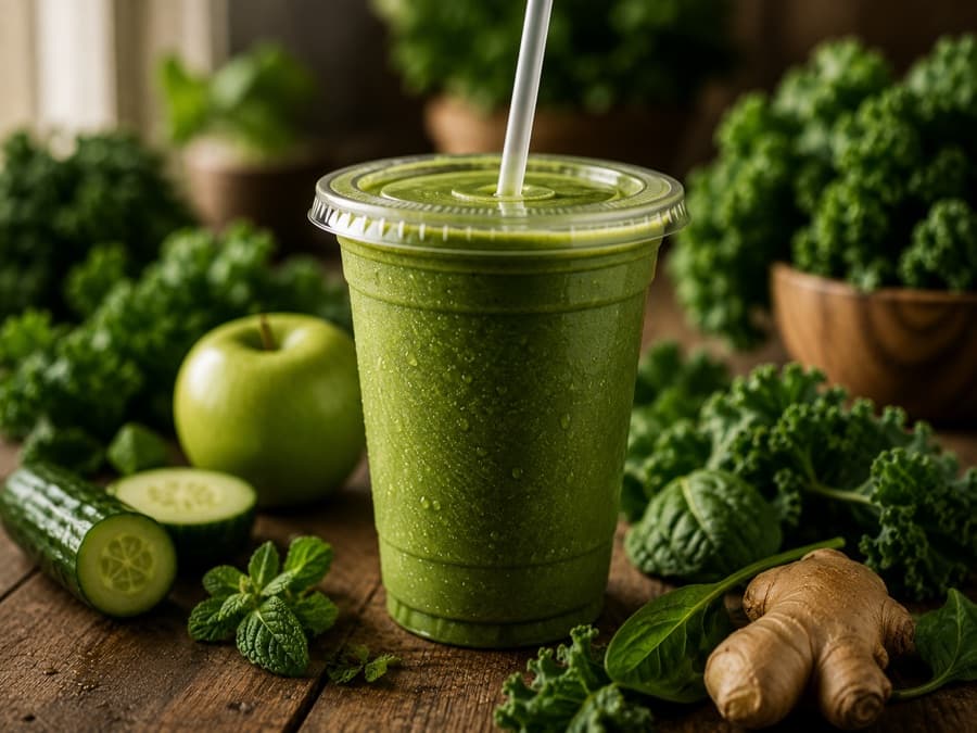 A green smoothie with a straw among kale, apple, cucumber and ginger